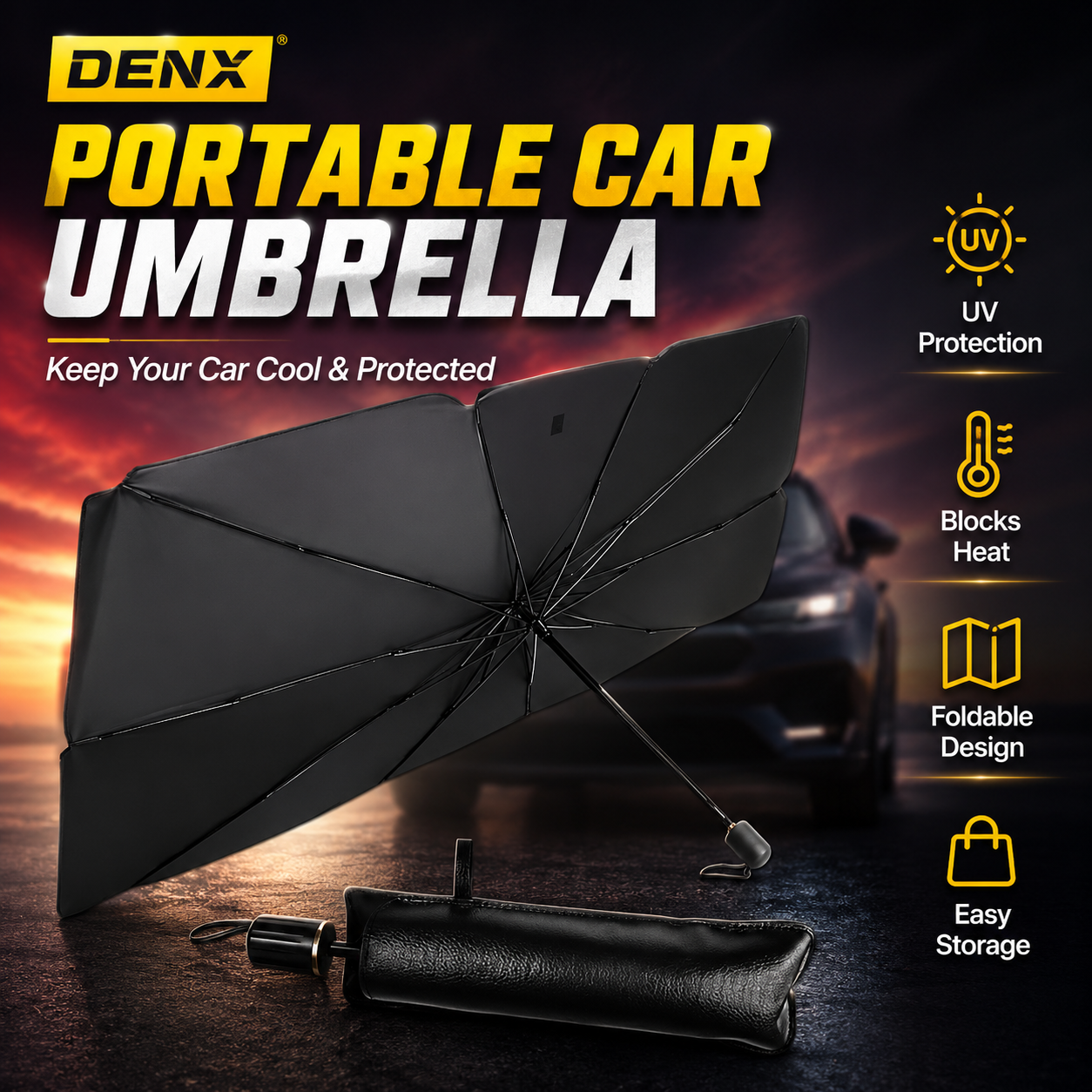 DENX Portable Car Umbrella – Foldable Windshield Sunshade for Heat & UV Protection